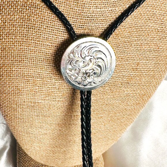 Vintage Prairie Co. Sterling Silver Bolo Tie - Filigree Stamped w/ Braid Leather